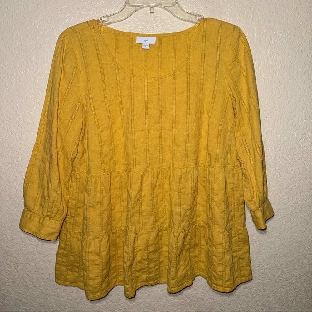 J Jill Mustard Yellow Peasant Blouse XS Tiered Cotton 3/4 Sleeve Boho Top